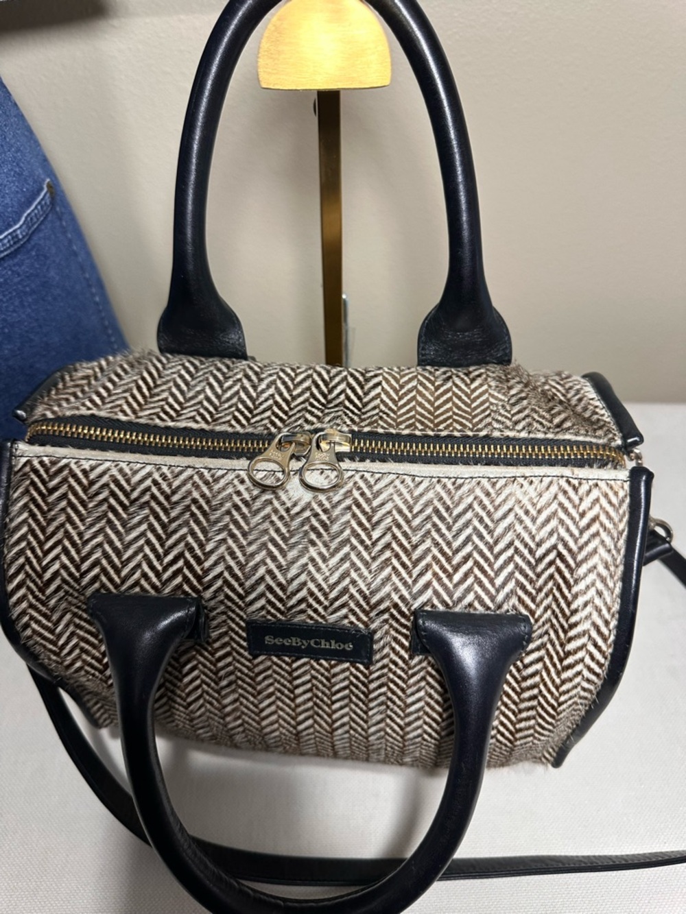 See By Chloé “April” Brown & Black Herringbone Calf Hair Satchel and Dusty - Picture 4 of 15